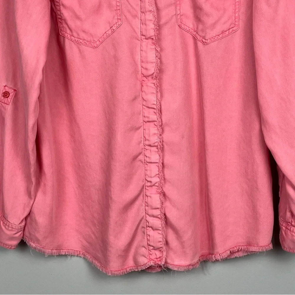 Chico’s pink 100% Lyocell fringed trim button front roll tab shirt, size 8. - Picture 6 of 11